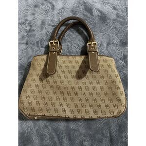 Dooney & Bourke Leather & Signature Cloth Handbag Bag Pocketbook Purse Khaki